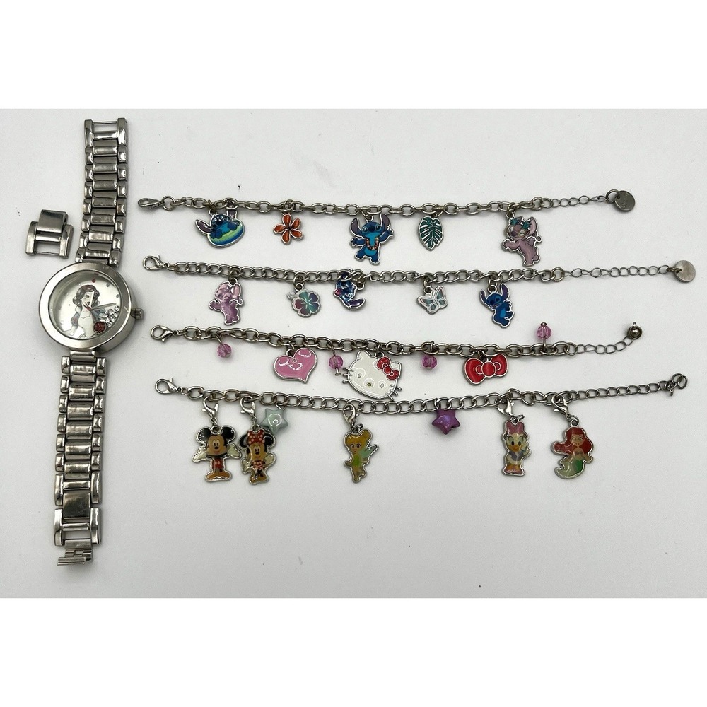 3 Disney Enamel Character Charm Bracelets + Sanrio Adult Adjustable + Watch Lot